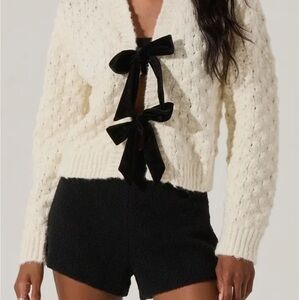 Astr Cream Cardigan with Black Bow Details